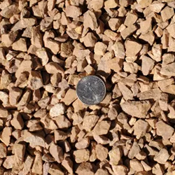 Gold 7/16 inch gravel, showcasing a stunning blend of stones in shimmering golden hues, accompanied by a quarter for size reference. Available at Albuquerque Landscape Supply, this high-quality gravel adds a touch of elegance to outdoor spaces. Use it for pathways, garden features, or as a decorative ground cover to create a warm and inviting ambiance in your landscape design.